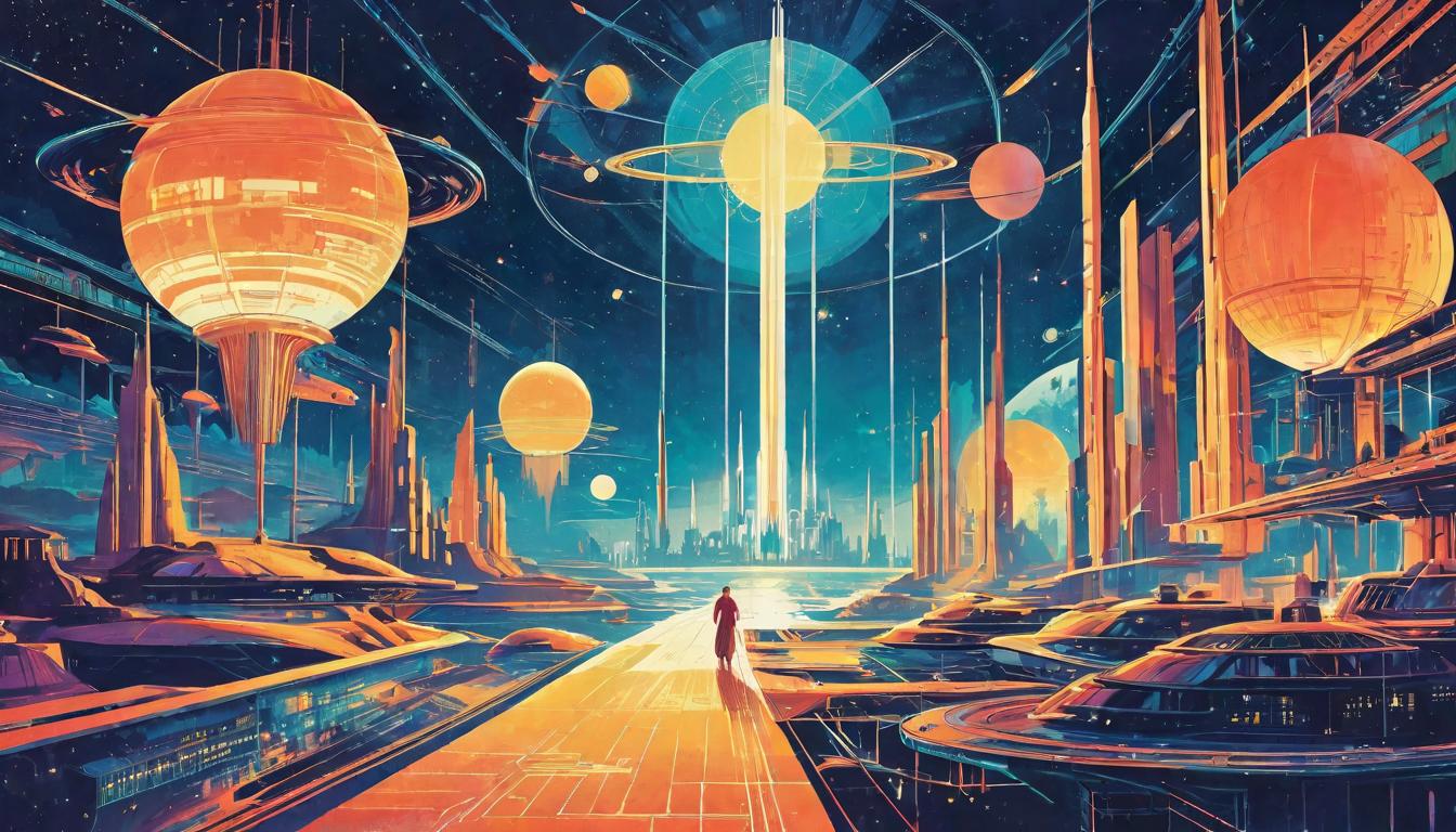  retro futuristic Luminous architect’s blueprint of the cosmos, tracing a soul’s journey with golden lines. Destiny, guidance. Ethereal, structured. lvintage sci fi, 50s and 60s style, atomic age, vibrant, highly detailed