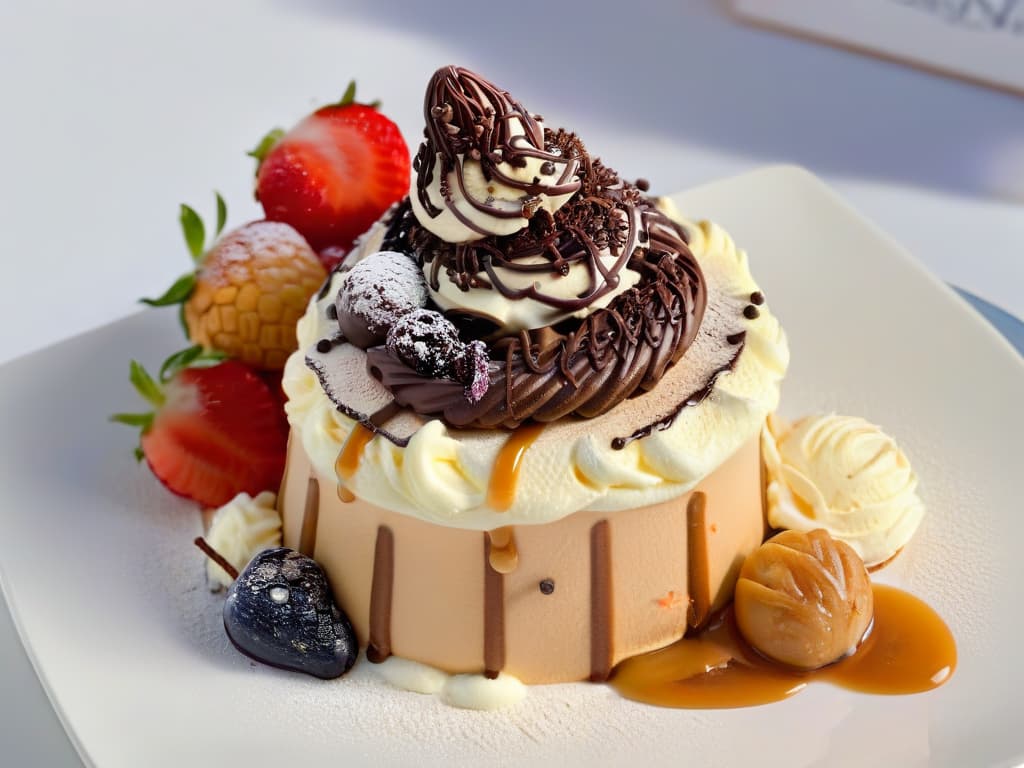  An ultradetailed closeup image of a colorful homemade ice cream cone surrounded by various toppings like fresh berries, chocolate sprinkles, and caramel drizzle, set against a simple, elegant white background. hyperrealistic, full body, detailed clothing, highly detailed, cinematic lighting, stunningly beautiful, intricate, sharp focus, f/1. 8, 85mm, (centered image composition), (professionally color graded), ((bright soft diffused light)), volumetric fog, trending on instagram, trending on tumblr, HDR 4K, 8K