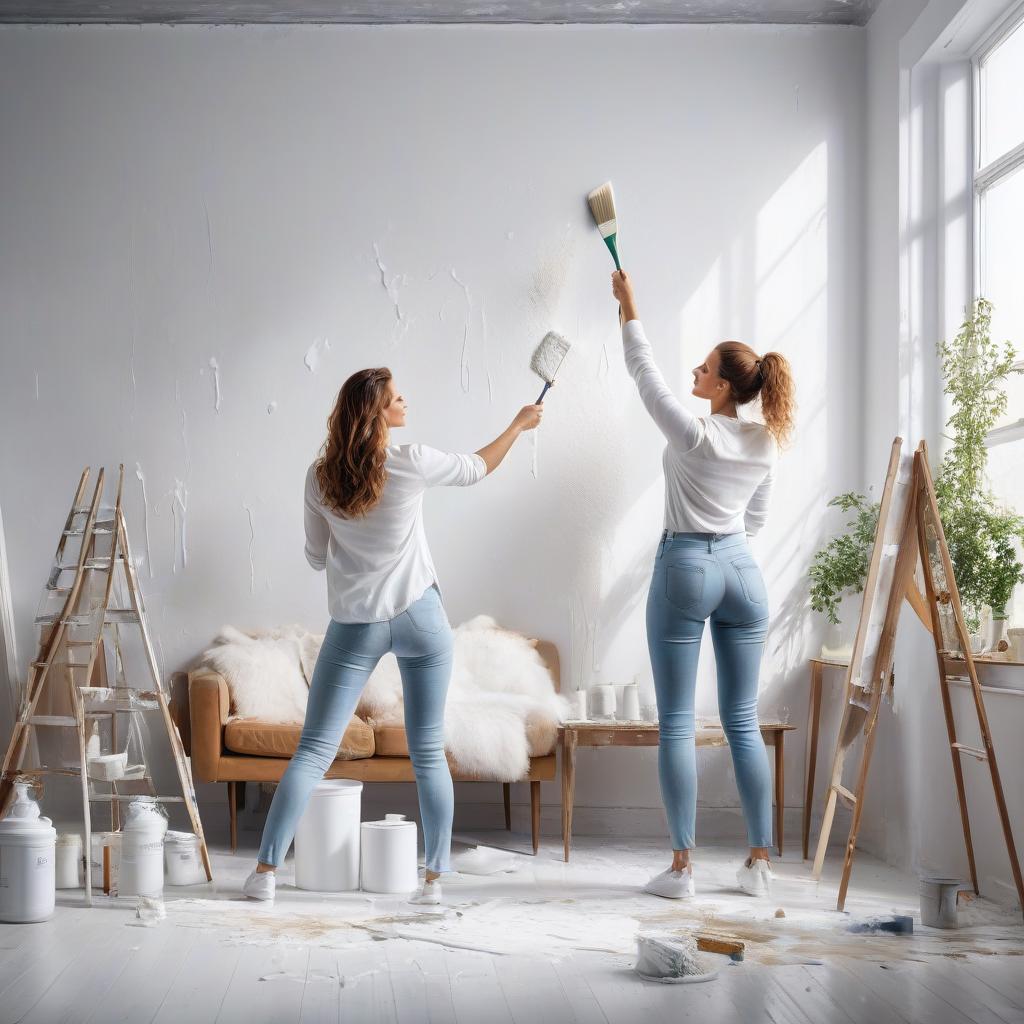  The girl is painting the walls of the apartment with a brush. Her hands up to the elbow in white paint, splashes of paint on the furniture, everywhere. hyperrealistic, full body, detailed clothing, highly detailed, cinematic lighting, stunningly beautiful, intricate, sharp focus, f/1. 8, 85mm, (centered image composition), (professionally color graded), ((bright soft diffused light)), volumetric fog, trending on instagram, trending on tumblr, HDR 4K, 8K