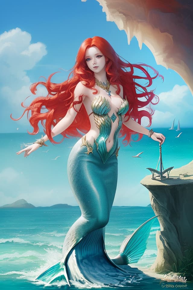  Red hair, long hair, beautiful girl, sea, mermaid, fantasy system