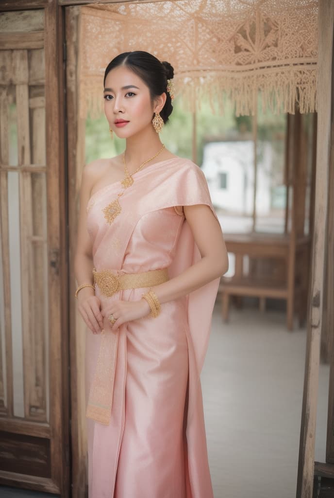  DIGITAL LAI THAI CRYSTAL ART, A CLOSE UP OF OF BEAUTIFUL GIRL, high BUN, WEARS A TRADITIONAL ANCIENT LAI THAI DRESS PASTEL PINK COLOUR, FULL OPTION OF JEWELRY, GOLD SHOES, BEAUTIFUL ANCIENT THAI HOME, BOGEH BACKGROUND, sabai,jewelry,thailand tradition dress ADVERTISING PHOTO,high quality, good proportion, masterpiece , The image is captured with an 8k camera