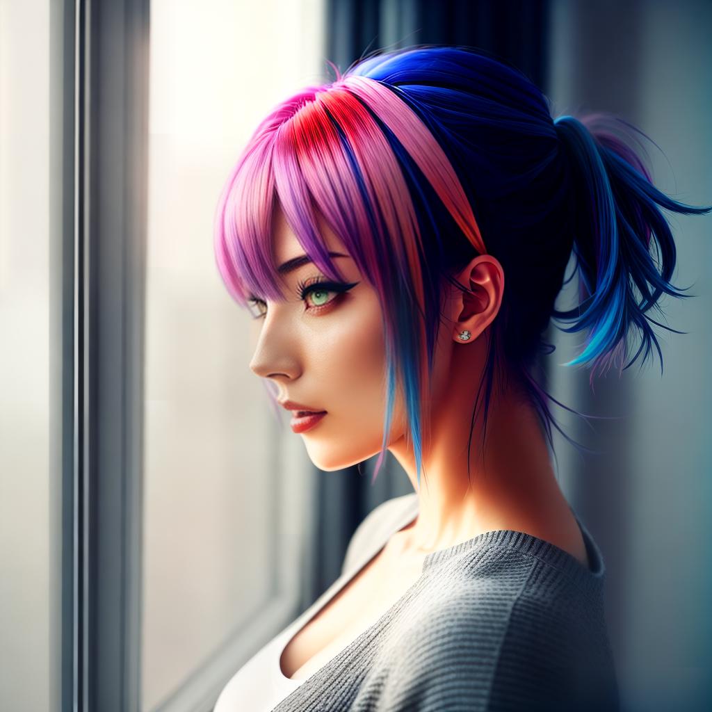  anime girl with multicolored hair and gray clothes looks thoughtfully at the light from the window, RTX, full hd, detailed,, big, big. hyperrealistic, full body, detailed clothing, highly detailed, cinematic lighting, stunningly beautiful, intricate, sharp focus, f/1. 8, 85mm, (centered image composition), (professionally color graded), ((bright soft diffused light)), volumetric fog, trending on instagram, trending on tumblr, HDR 4K, 8K