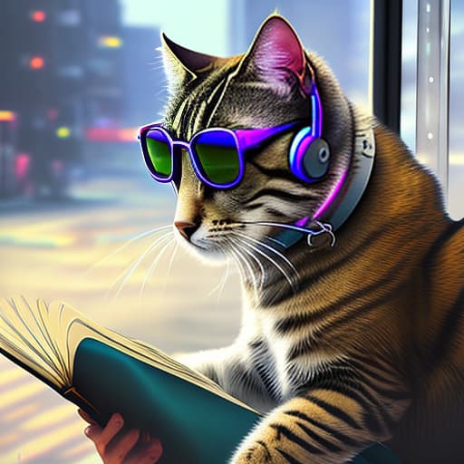 nvinkpunk Realistic image of a cat wearing headphones and reading glasses while riding a bus. hyperrealistic, full body, detailed clothing, highly detailed, cinematic lighting, stunningly beautiful, intricate, sharp focus, f/1. 8, 85mm, (centered image composition), (professionally color graded), ((bright soft diffused light)), volumetric fog, trending on instagram, trending on tumblr, HDR 4K, 8K