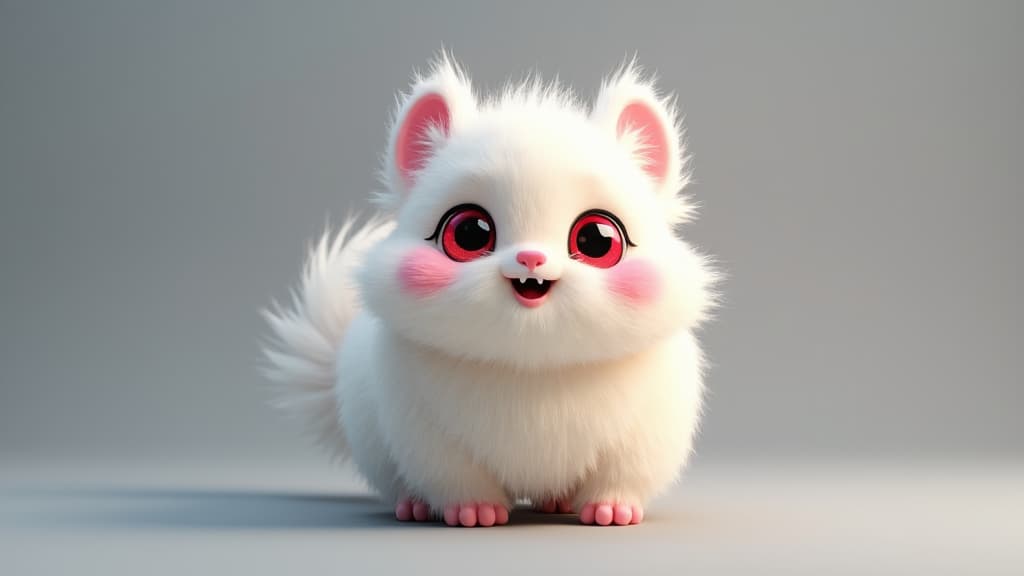  good quality, high quality, adorable fluffy white creature furry with big red eyes, pink cheeks, and playful expression standing against a gray background. cute fantasy character with soft fur and colorful details in 3d style