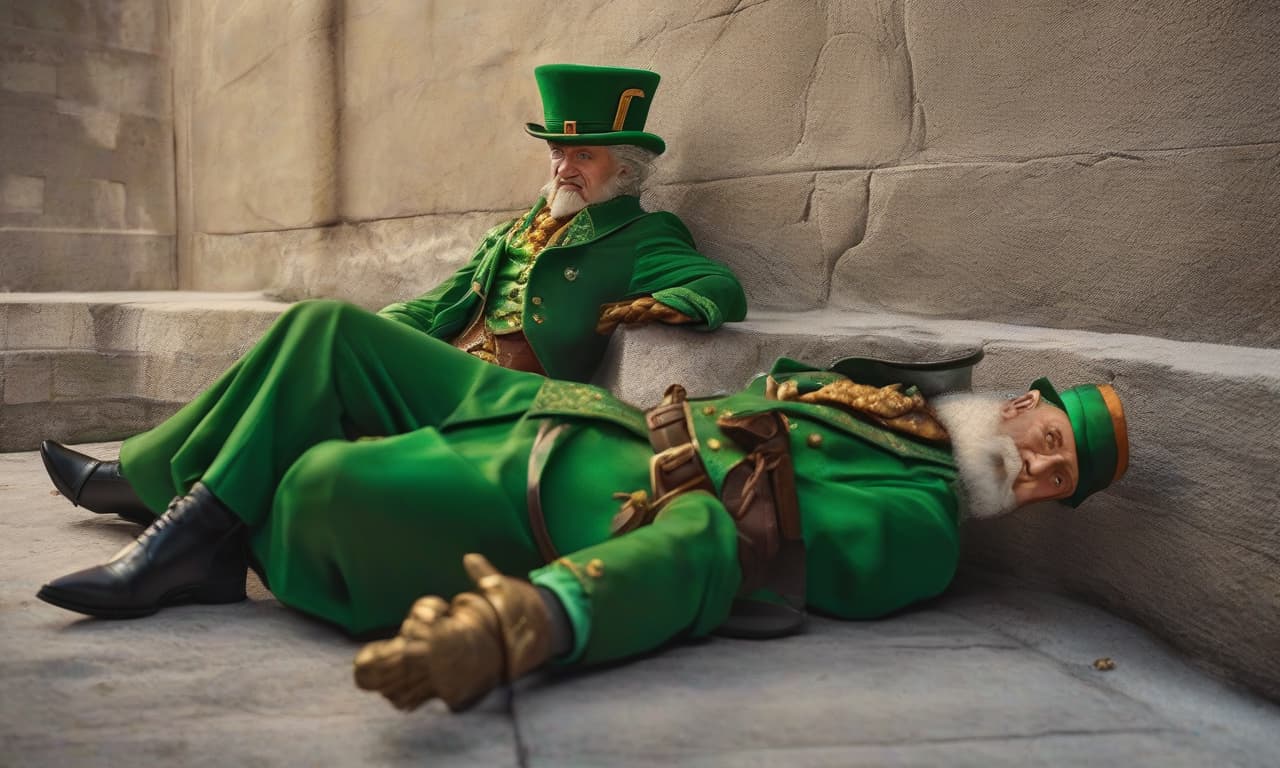  Lying leprechaun hyperrealistic, full body, detailed clothing, highly detailed, cinematic lighting, stunningly beautiful, intricate, sharp focus, f/1. 8, 85mm, (centered image composition), (professionally color graded), ((bright soft diffused light)), volumetric fog, trending on instagram, trending on tumblr, HDR 4K, 8K