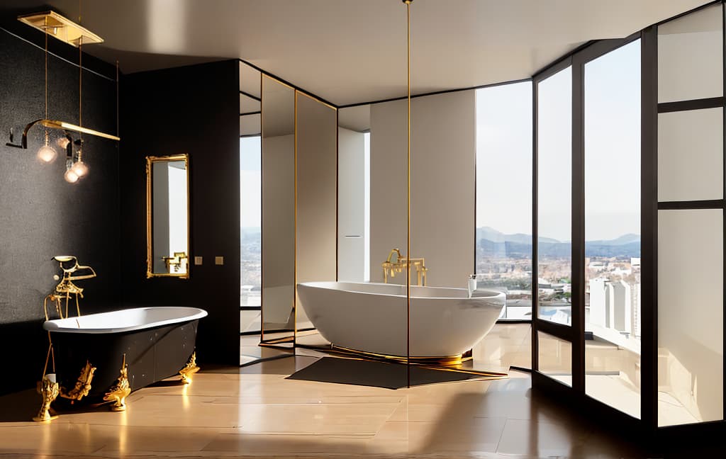  Luxurious bathroom interior with a golden freestanding bathtub on a black floor, white fluffy rug, wooden cabinets, and a large elegant mirror, with a scenic view from the window, natural light, detailed, realistic, ar 16:9, best quality, high resolution, sharp focus, in frame, (perfect image composition), ((masterpiece)), (professionally color graded), ((bright soft diffused light)), <lora:more details:0>, epiCRealism, <lyco:Mangled Merge Lyco:0>