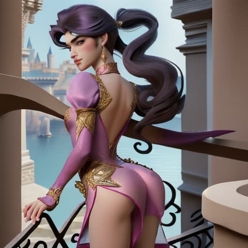  Fantasy Disney princes,seen from the back,wearing skinny transparant but opulent looking costume and short dress,bending forward stone balcony watching her beautifull kingdom outside the pallace where the sun is getting low