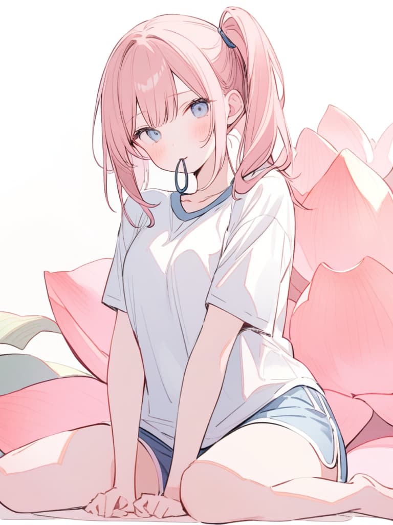  (watercolor:0.4),(pastelcolor:0.4),1girl,pink hair,blue eyes,side ponytail,blush,hair tie in her mouth,dolphin shorts,white t shirt,head tilt,sitting,(lotus position:1.1),v arms,pastel hues,(white backgroud:1.2),straight on,looking at viewer, masterpiece, best quality,8k,ultra detailed,high resolution,an extremely delicate and beautiful,hyper detail