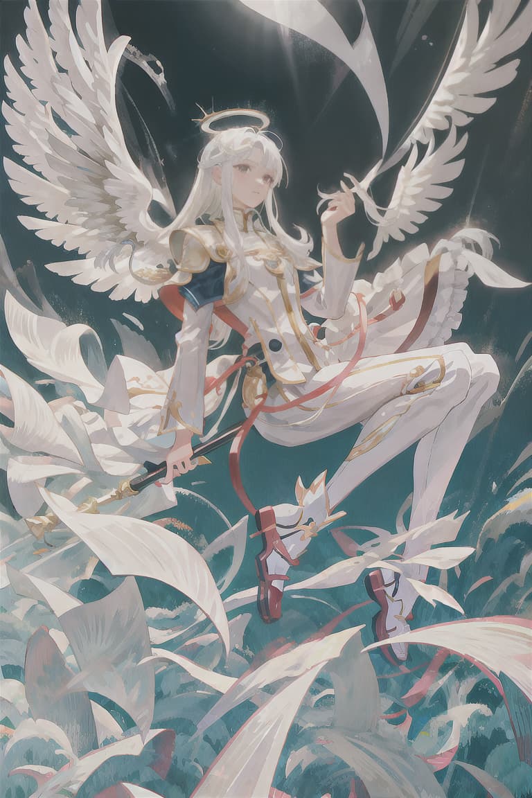  master piece , best quality,Male, solid build, white hair, straight long hair, groom, falling angel wings, white armor,