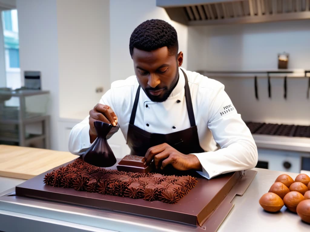  An ultradetailed image of a master chocolatier meticulously handcrafting a delicate chocolate sculpture in a sleek, modern kitchen studio. The focus is on the expert's hands skillfully molding the rich chocolate, capturing every intricate detail and glossy texture, illuminated by soft, natural light filtering through a large window. The background showcases elegantly minimalistic kitchen tools and a hint of lush greenery peeking in, creating a serene and inspiring ambiance for chocolate artisans. hyperrealistic, full body, detailed clothing, highly detailed, cinematic lighting, stunningly beautiful, intricate, sharp focus, f/1. 8, 85mm, (centered image composition), (professionally color graded), ((bright soft diffused light)), volumetric fog, trending on instagram, trending on tumblr, HDR 4K, 8K