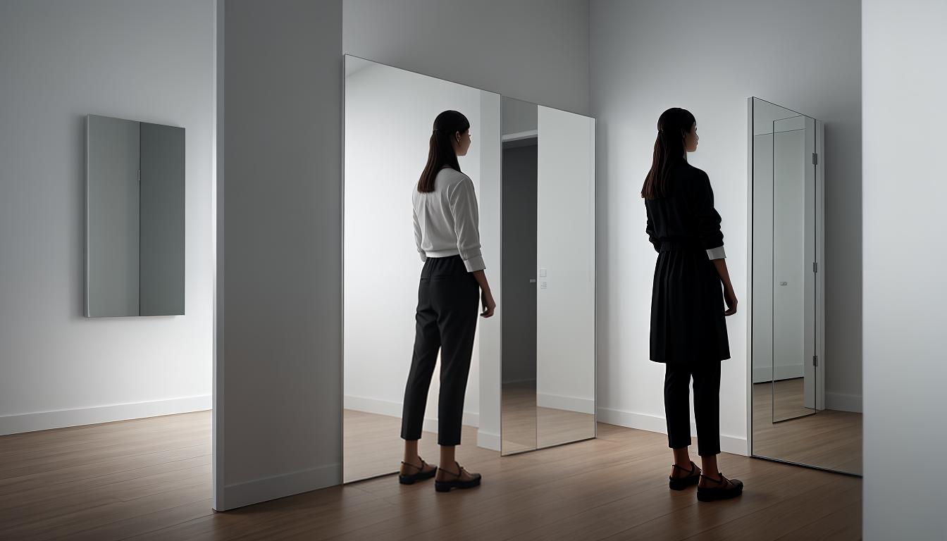  digital illustration, A person standing before a full length mirror, contemplative expression, examining themselves. Mirror reflects back their thoughtful face, quiet room, soft lighting, introspective, muted colors, reflection, self awareness., looking at viewer, dynamic pose, (intricate details, masterpiece, best quality)