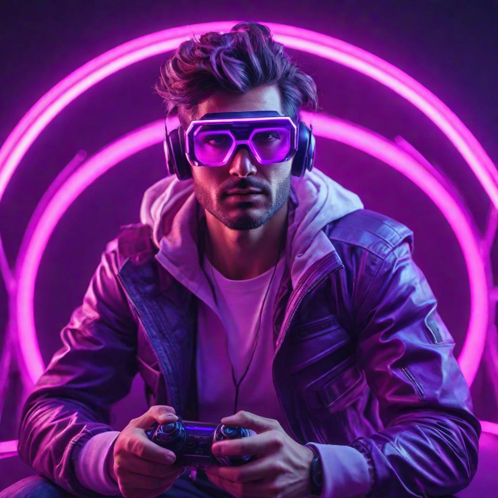  gamer man in ar glasses, futuristic retro style, neon pink and violet colors, action, emotional playing game, cute, hyper detail, full HD hyperrealistic, full body, detailed clothing, highly detailed, cinematic lighting, stunningly beautiful, intricate, sharp focus, f/1. 8, 85mm, (centered image composition), (professionally color graded), ((bright soft diffused light)), volumetric fog, trending on instagram, trending on tumblr, HDR 4K, 8K