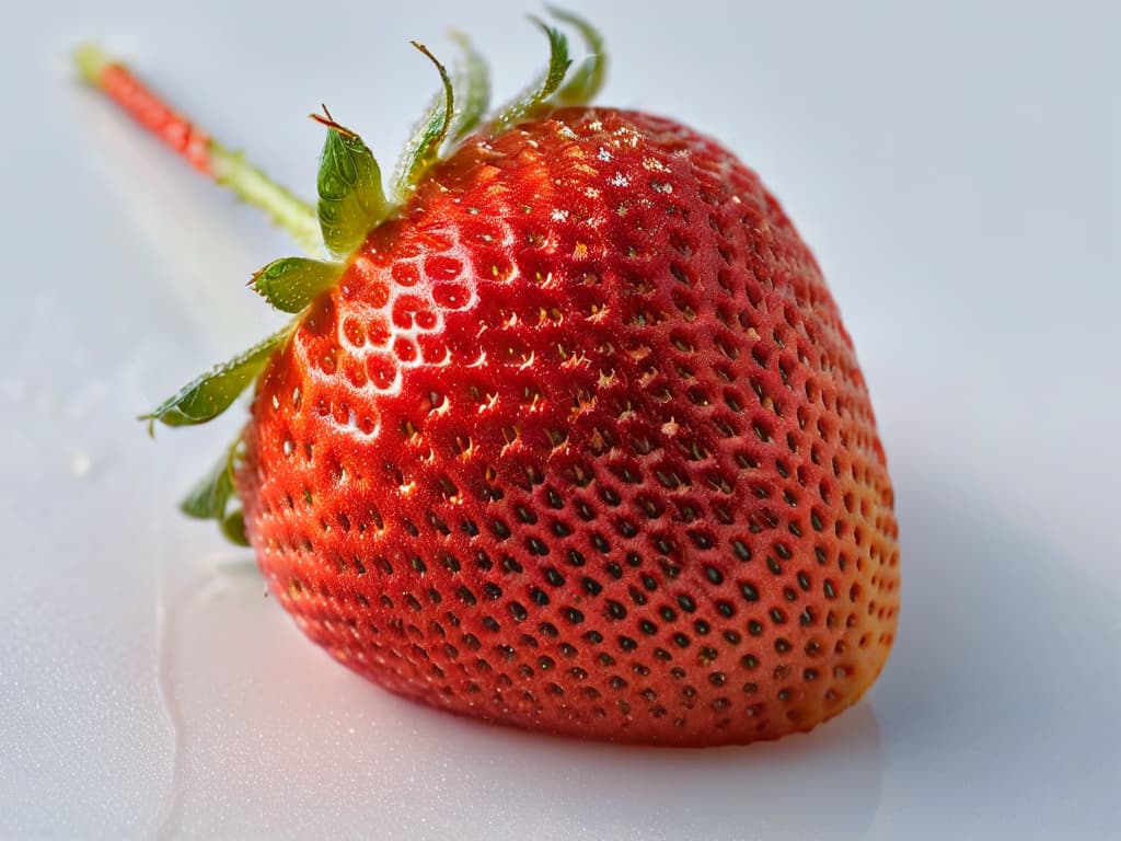  An ultradetailed image of a single ripe red strawberry, glistening with dew drops, set against a stark white background. The strawberry is perfectly symmetrical, showcasing every tiny seed and delicate hairs on its surface. The droplets of water are crystal clear, refracting light in a mesmerizing pattern. The image is so detailed that even the tiniest imperfections on the strawberry's skin are visible, creating a striking contrast between the vibrant red fruit and the pristine white backdrop. hyperrealistic, full body, detailed clothing, highly detailed, cinematic lighting, stunningly beautiful, intricate, sharp focus, f/1. 8, 85mm, (centered image composition), (professionally color graded), ((bright soft diffused light)), volumetric fog, trending on instagram, trending on tumblr, HDR 4K, 8K