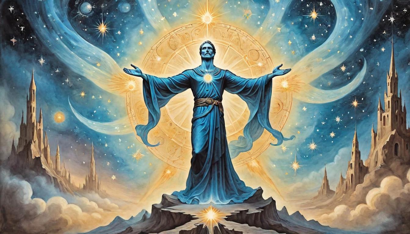  on parchment, surrealism+++, A monumental figure with outstretched arms, surrounded by a glowing aura, creating galaxies and stars, powerful, radiant, awe inspiring(mysterious, provocative, symbolic,muted color)+++