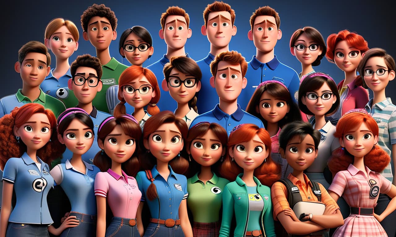  professional 3d model Draw a team of 15 students in the Pixar style. There are 7 boys and 8 girls. They are friendly. . octane render, highly detailed, volumetric, dramatic lighting hyperrealistic, full body, detailed clothing, highly detailed, cinematic lighting, stunningly beautiful, intricate, sharp focus, f/1. 8, 85mm, (centered image composition), (professionally color graded), ((bright soft diffused light)), volumetric fog, trending on instagram, trending on tumblr, HDR 4K, 8K