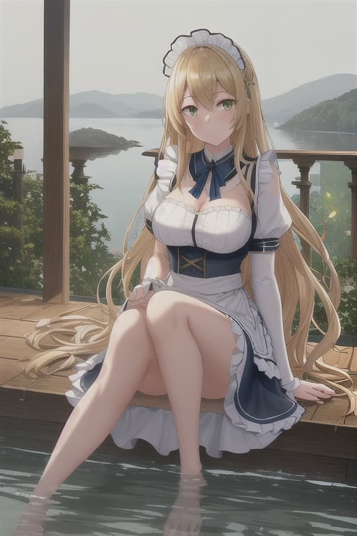  (score 9,score 8 up,score 7 up,),1girl,solo,maid,maid headdress,looking at viewer,outdoor,lake,apron,blonde hair,indoors,green eyes,bare foot,two feet in the water hyperrealistic, full body, detailed clothing, highly detailed, cinematic lighting, stunningly beautiful, intricate, sharp focus, f/1. 8, 85mm, (centered image composition), (professionally color graded), ((bright soft diffused light)), volumetric fog, trending on instagram, trending on tumblr, HDR 4K, 8K