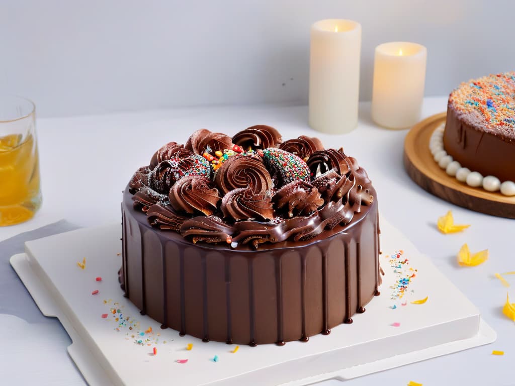  An ultradetailed image of a pristine white kitchen counter with a perfectly baked chocolate cake reminiscent of the iconic Matilda cake scene. The cake is adorned with delicate chocolate frosting swirls and a sprinkle of colorful confetti. A vintage cookbook titled "Matilda's Magical Recipes" sits open next to the cake, showcasing the stepbystep instructions for recreating this nostalgic dessert. Sunlight streams in through a nearby window, casting a warm glow on the scene and highlighting the glossy sheen of the cake's frosting. hyperrealistic, full body, detailed clothing, highly detailed, cinematic lighting, stunningly beautiful, intricate, sharp focus, f/1. 8, 85mm, (centered image composition), (professionally color graded), ((bright soft diffused light)), volumetric fog, trending on instagram, trending on tumblr, HDR 4K, 8K