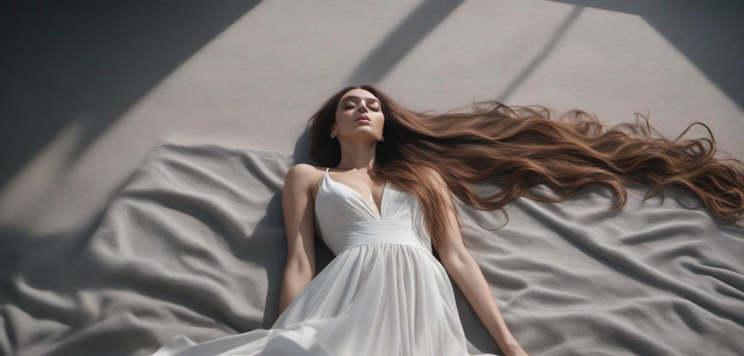  view from above. a long haired girl lies on the floor on her back. hyperrealistic, full body, detailed clothing, highly detailed, cinematic lighting, stunningly beautiful, intricate, sharp focus, f/1. 8, 85mm, (centered image composition), (professionally color graded), ((bright soft diffused light)), volumetric fog, trending on instagram, trending on tumblr, HDR 4K, 8K