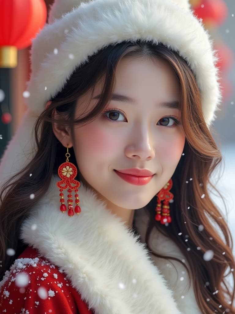  high definition, realistic portrait of a young woman with a soft and inviting expression. her eyes are large and full of light, highlighted with subtle makeup. her cheeks have a natural rosy flush, complementing her gentle smile. her hair, a cascade of wavy locks, is partially covered by a fluffy white hat, indicative of a chilly winter day. she wears elegant, traditional red earrings with intricate floral designs that dangle gracefully. the woman is dressed in a cozy, white winter garment that suggests warmth and comfort, with a hint of a red outfit underneath. snowflakes gently fall around her, adding to the serene winter atmosphere. red lanterns hang in the background, glowing softly amidst the snow, enhancing the festive mood. the overa hyperrealistic, full body, detailed clothing, highly detailed, cinematic lighting, stunningly beautiful, intricate, sharp focus, f/1. 8, 85mm, (centered image composition), (professionally color graded), ((bright soft diffused light)), volumetric fog, trending on instagram, trending on tumblr, HDR 4K, 8K