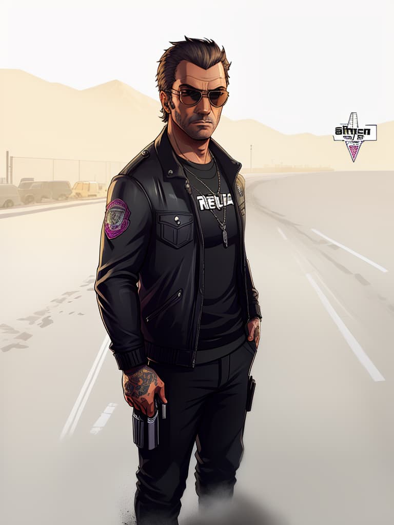  gtav style, (best quality), ((artwork-gta5 heavily stylized)), poster design, detailed, highly detailed, sunglasses, masterpiece, highres