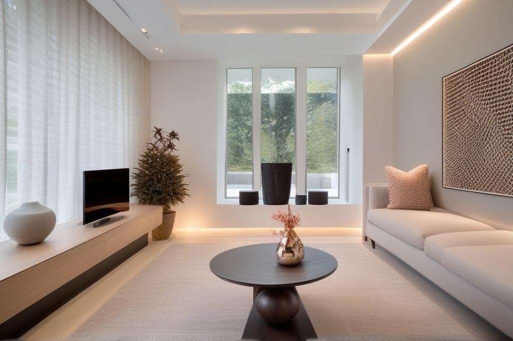 ultra realistic photograph of minimalist style living room, 8k uhd, highly detailed, photorealistic, architectural photography, interior design magazine quality, preserve original lighting conditions and time of day from input image, masterpiece, best quality, ultra realistic, photographic quality, professional lighting matching input image, 8k uhd, highly detailed interior design, architectural digest quality, volumetric lighting, ray tracing, professional color grading, maintain same time of day as input image, balanced composition, harmonious colors, elegant design, thoughtful arrangement, quality materials, comfortable seating, conversation area, focal point, entertainment space, layered lighting, area rug, coffee table, accent pieces,