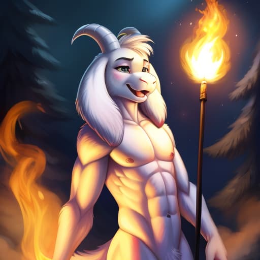  Asriel magically enlarges her , big , jock, the burns with a magical flame,It hurts a , s,., open eyes, digital art, masterpiece, 4k, fine details,