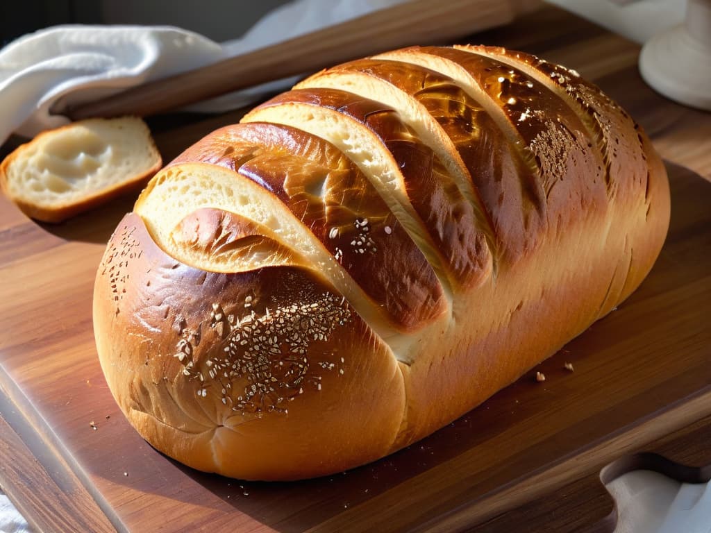  A closeup, ultradetailed image of freshly baked artisan bread, showcasing a goldenbrown, crispy crust with visible flaky layers, sitting on a rustic wooden cutting board. The bread's interior is soft and airy, displaying a perfect texture with irregular air pockets. Crumbs are delicately scattered around, highlighting the bread's freshness and inviting aroma. The lighting is warm and natural, emphasizing the bread's appetizing appearance and artisanal quality. hyperrealistic, full body, detailed clothing, highly detailed, cinematic lighting, stunningly beautiful, intricate, sharp focus, f/1. 8, 85mm, (centered image composition), (professionally color graded), ((bright soft diffused light)), volumetric fog, trending on instagram, trending on tumblr, HDR 4K, 8K