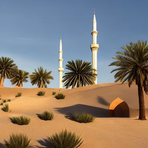  islamic desert , mosque hyperrealistic, full body, detailed clothing, highly detailed, cinematic lighting, stunningly beautiful, intricate, sharp focus, f/1. 8, 85mm, (centered image composition), (professionally color graded), ((bright soft diffused light)), volumetric fog, trending on instagram, trending on tumblr, HDR 4K, 8K