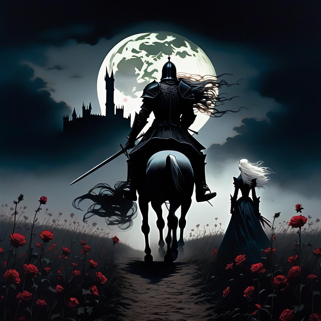  macabre style In a dark field with withered gr stands a tall gothic tower, on the balcony of which stands a young in a white dress with white hair and holding flowers in her hands, watching from a distance as a black knight on a black horse gallops towards her through this dark, desolate field. This entire scene unfolds at night under a full moon. The view should be from behind the looking down at the man galloping towards her across the dark, dark field. Only two people should be visible: the man and the at a great distance. . dark, gothic, grim, haunting, highly detailed hyperrealistic, full body, detailed clothing, highly detailed, cinematic lighting, stunningly beautiful, intricate, sharp focus, f/1. 8, 85mm, (centered image composition), (professionally color graded), ((bright soft diffused light)), volumetric fog, trending on instagram, trending on tumblr, HDR 4K, 8K