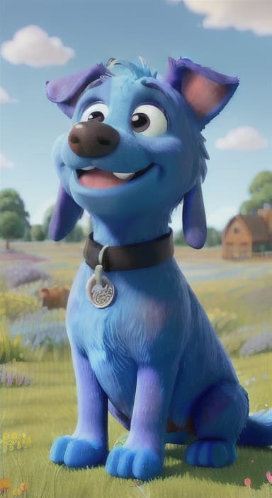  {A happy, big blue dog wagging its tail in a colorful meadow, The big blue dog is large with sky blue fur, big round eyes, a black nose, and floppy ears.