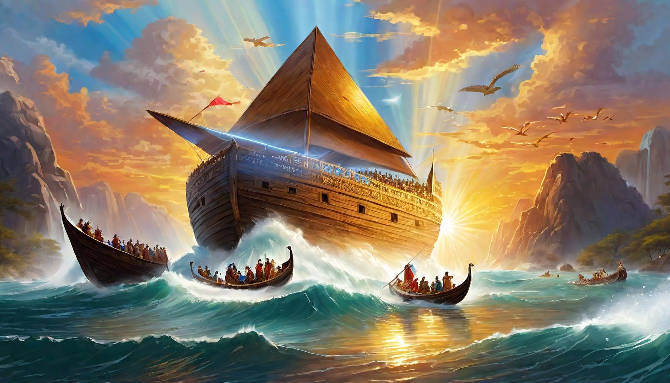  digital painting of The ark glowing, amidst a group of people, rays of light reaching out, symbolizing hope and divine assurance, sense of divine connection, golden, illuminating looking at viewer, dynamic pose, (intricate details, masterpiece, best quality)