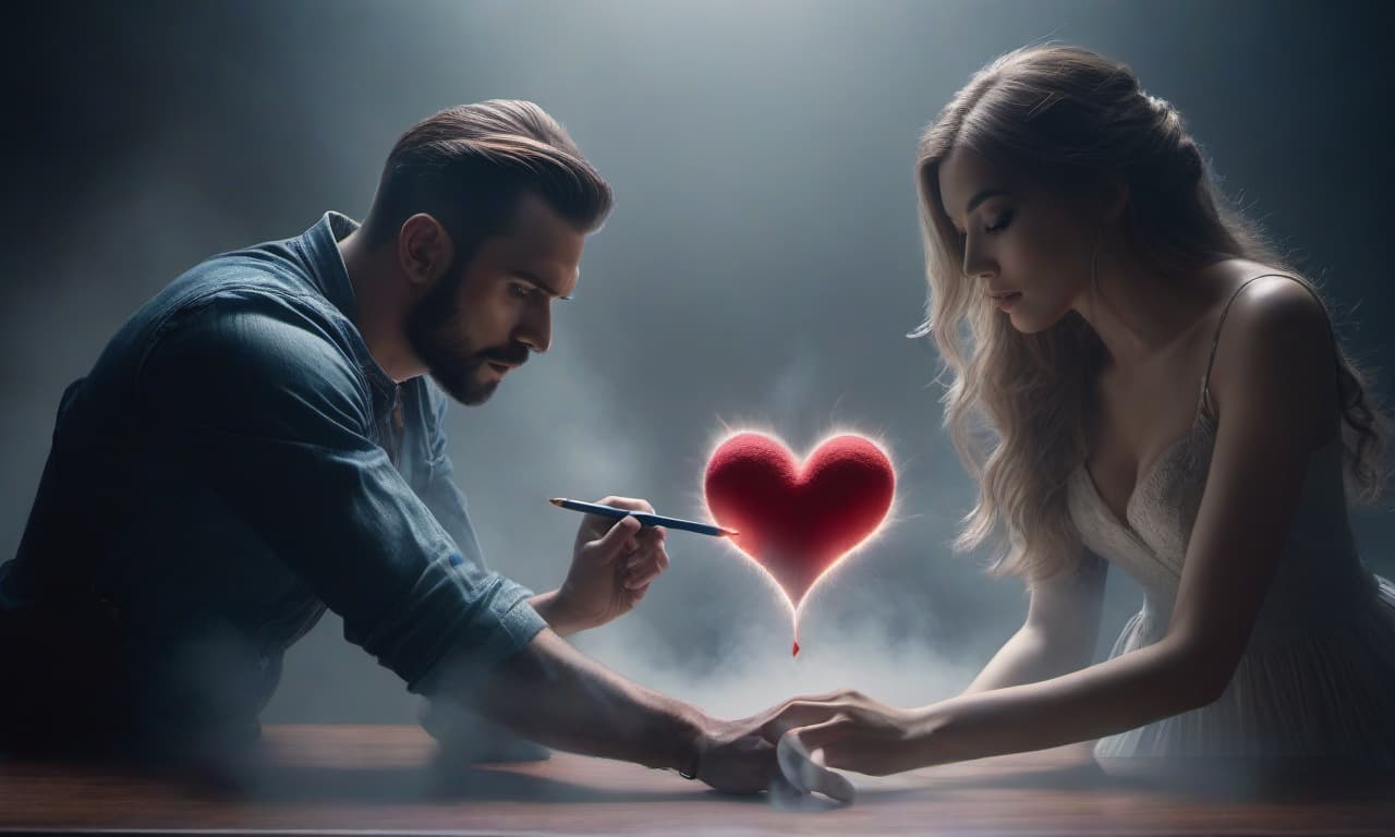  A girl is drawing a heart on a man. hyperrealistic, full body, detailed clothing, highly detailed, cinematic lighting, stunningly beautiful, intricate, sharp focus, f/1. 8, 85mm, (centered image composition), (professionally color graded), ((bright soft diffused light)), volumetric fog, trending on instagram, trending on tumblr, HDR 4K, 8K