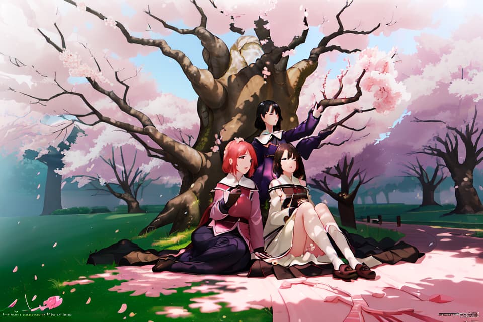  ((Under the legendary tree on the hill, multiple girls, cherry blossoms, cherry blossoms)), that place you want to return, (Absurdres, masterpieces, ultimate quality), official art, aesthetic, (diffusion lighting, environmental lighting), Detailed skin texture, best shadow, very detail, colorful, 8K Wallpaper, Raw Photoristic Detailed, Dutch Angle, 💩