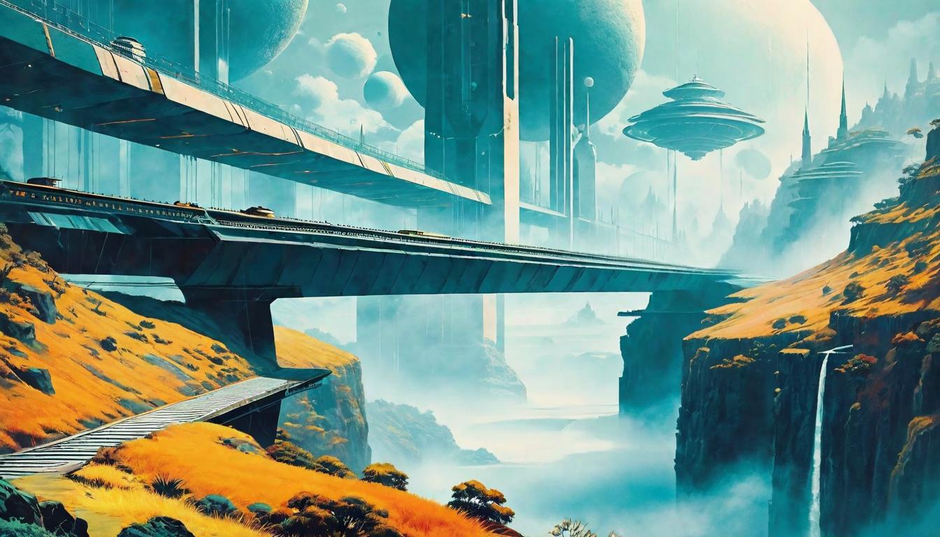  retro futuristic A bridge disappearing into mist, symbolizing distance from draining sources, journey towards alignment, leaving behind what doesn't serve lvintage sci fi, 50s and 60s style, atomic age, vibrant, highly detailed