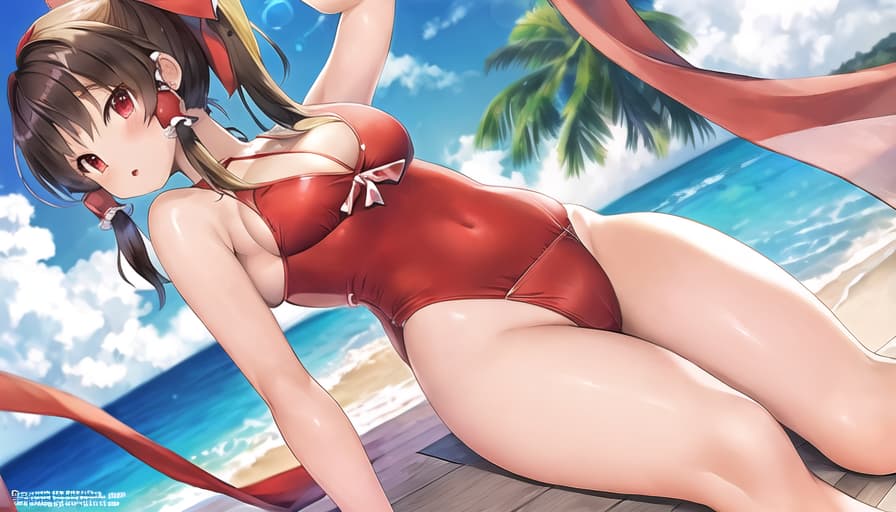  master piece , best quality,Reimu in swimsuit with big red ribbon