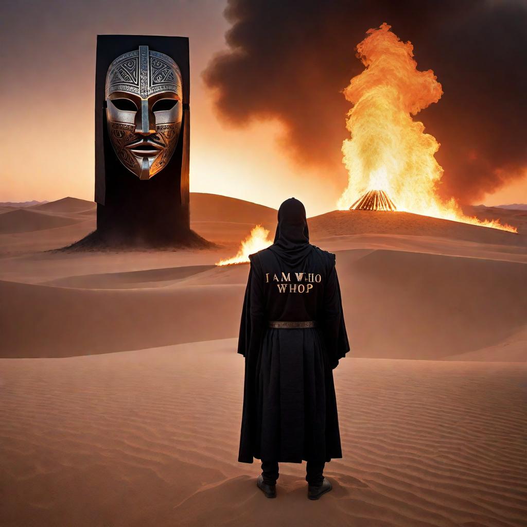  Create an image of a man from the chest up, standing in the desert in front of a fire. The man is wearing a plain black linen tunic without any armor. His face is obscured by a human-like metal mask with Sumerian text engraved that reads 'I am who I am'. The scene is set during twilight, providing a dramatic and mysterious atmosphere. hyperrealistic, full body, detailed clothing, highly detailed, cinematic lighting, stunningly beautiful, intricate, sharp focus, f/1. 8, 85mm, (centered image composition), (professionally color graded), ((bright soft diffused light)), volumetric fog, trending on instagram, trending on tumblr, HDR 4K, 8K