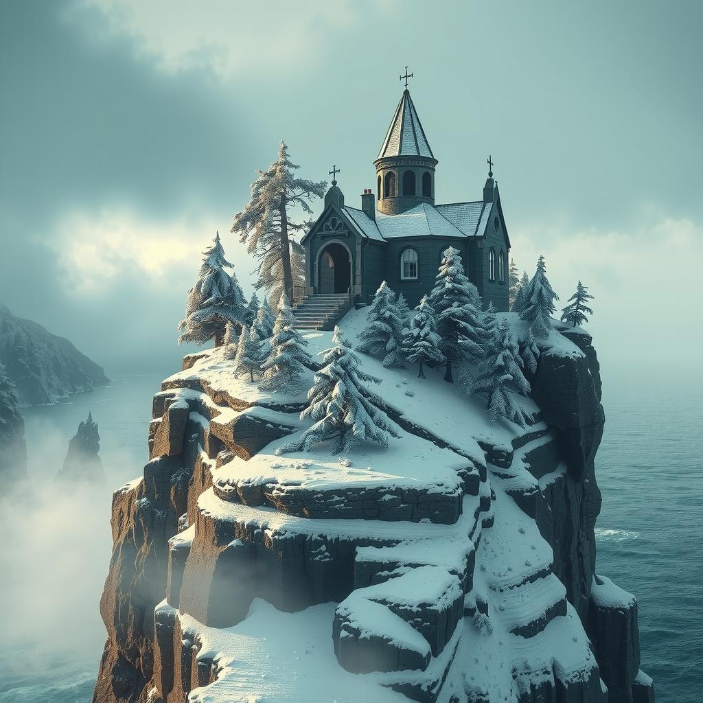  snowy arctic island covered in pine forests just above a stormy sea, the island looms 150 feet over the water in icy, treacherous cliffs, gothic mausoleum stands on the northern end of the island, haunting, 1990s ravenloft art ar 16:9 hyperrealistic, full body, detailed clothing, highly detailed, cinematic lighting, stunningly beautiful, intricate, sharp focus, f/1. 8, 85mm, (centered image composition), (professionally color graded), ((bright soft diffused light)), volumetric fog, trending on instagram, trending on tumblr, HDR 4K, 8K