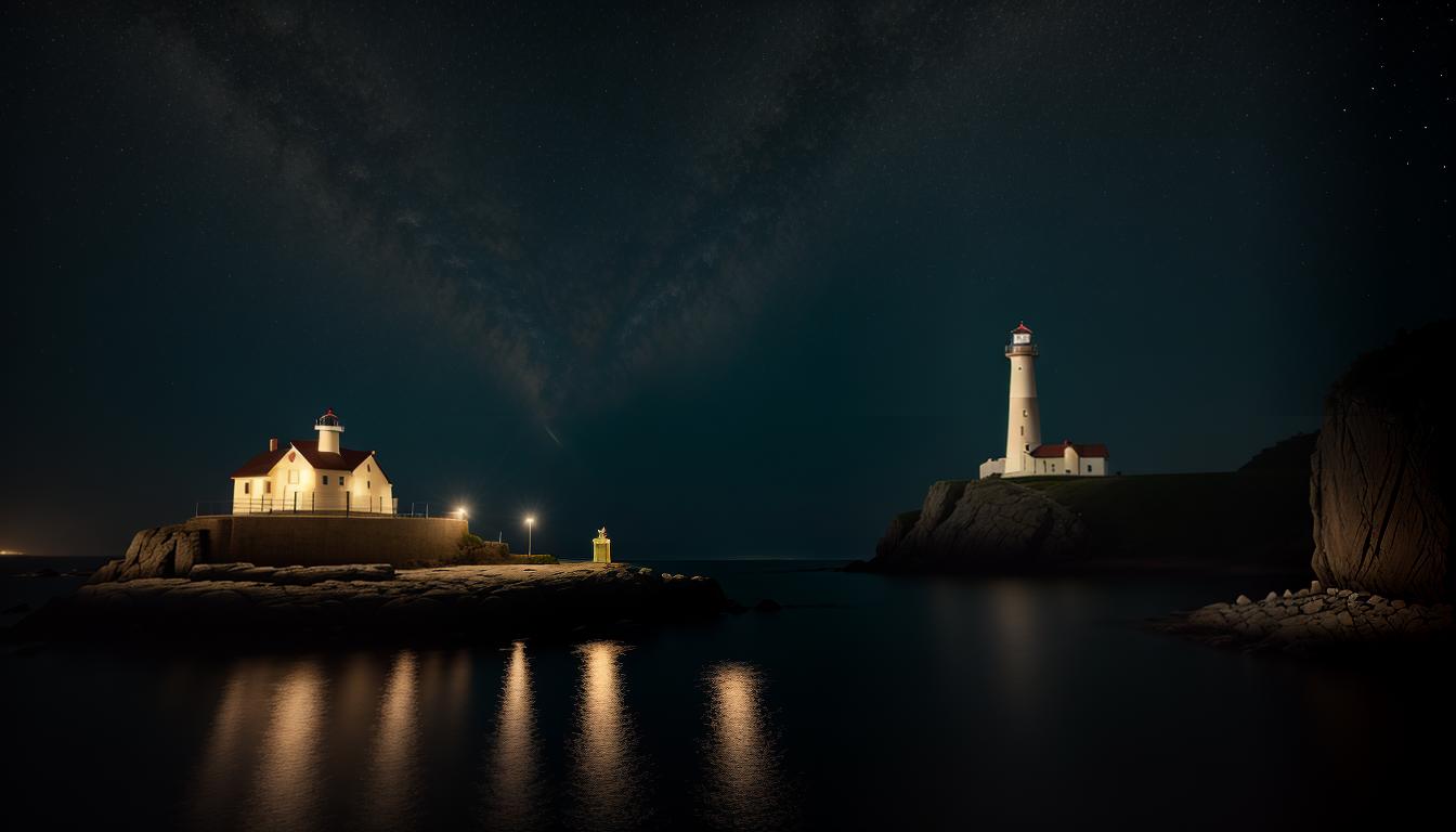  cinematic, neuro enlightenment, aesthetic, A lighthouse, emitting warm light, figures drawn towards it in a gentle manner, guiding light, empathy, safe harbor, 4k, HDR, sleek, modern design, vibrant, interactive visuals, contemporary aesthetics, highly engaging, mind expanding