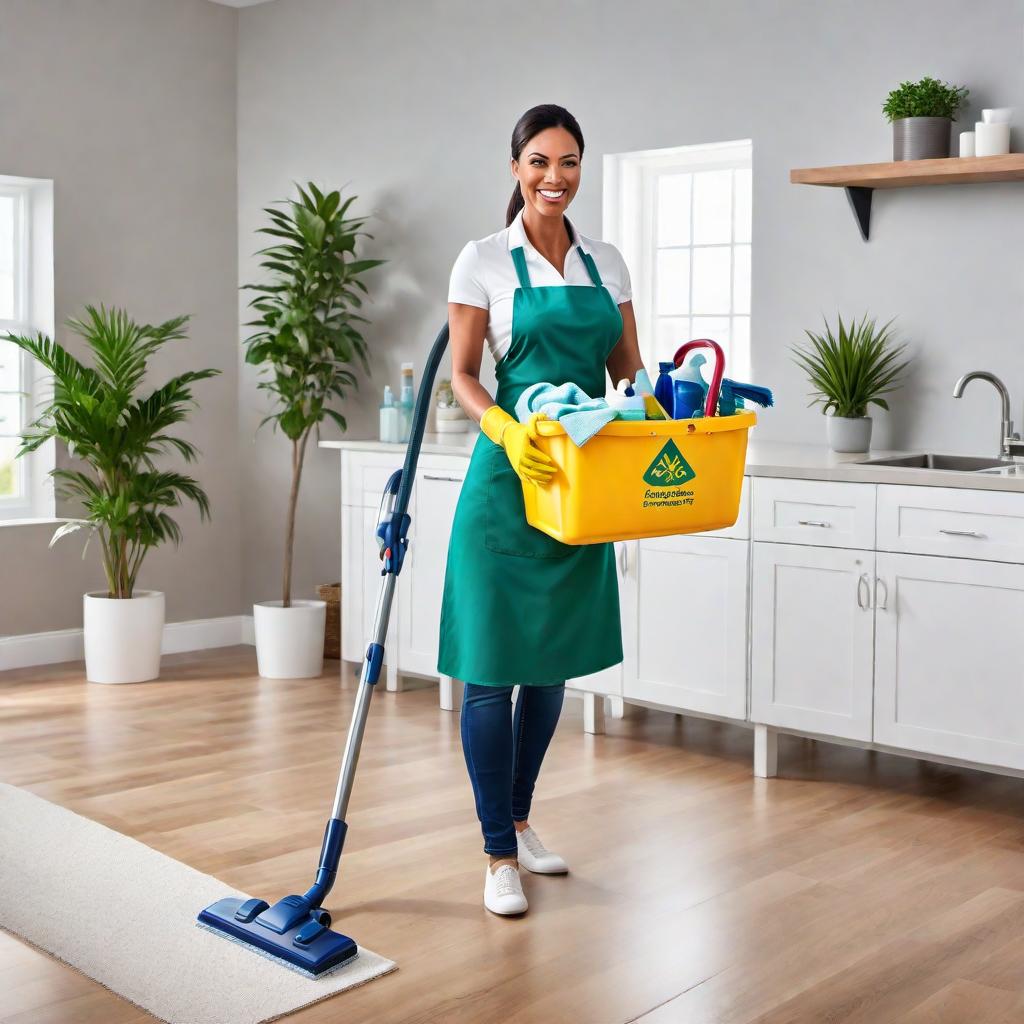  An image illustrating various cleaning services offered, including vacuuming, dusting, mopping, window cleaning, and laundry services. Show a happy client looking satisfied with the sparkling clean space. Include captions like 'Professional cleaning services tailored to meet your needs' and 'Our meticulous approach ensures a spotless environment.' hyperrealistic, full body, detailed clothing, highly detailed, cinematic lighting, stunningly beautiful, intricate, sharp focus, f/1. 8, 85mm, (centered image composition), (professionally color graded), ((bright soft diffused light)), volumetric fog, trending on instagram, trending on tumblr, HDR 4K, 8K