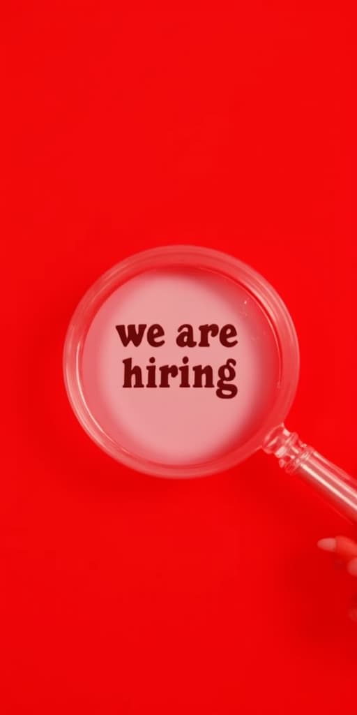  good quality, high quality, a clear 'we are hiring' sign on a red backdrop featuring a magnifying glass, emphasizing the active search for new employees and creating an inviting and urgent call to action