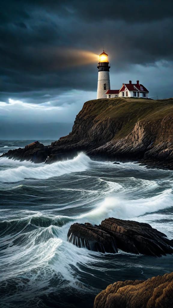  (A weathered old lighthouse standing tall on a rocky coastline, with stormy waves crashing against the shore. The night sky is dark and foreboding, but the lighthouse's golden beam cuts through the gloom, casting a path of light across the restless sea.) hyperrealistic, full body, detailed clothing, highly detailed, cinematic lighting, stunningly beautiful, intricate, sharp focus, f/1. 8, 85mm, (centered image composition), (professionally color graded), ((bright soft diffused light)), volumetric fog, trending on instagram, trending on tumblr, HDR 4K, 8K