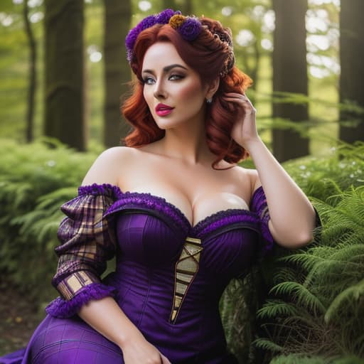  /send image of Amythyst, a woman with voluminous dark red hair in a loose gibson style wearing a purple tartan victorian gown while a picnic blanketSitting amidst a verdant haven filled with swaying trees and the melodious hum of nature, she looks nothing short of breathtaking. Her voluminous dark red hair has been styled in a loose gibson bun atop her head - held in place by several gold-plated combs that glint vividly under the sun's rays. The m of fiery curls appears like an exquisite crown on her head, perfectly framing her porcelain face adorned with delicate purple makeup. She wears a Victorian-era dress in soft purple tartan fabric that trails past her ankles gracefully, emphasizing every curve of her alluring hyperrealistic, full body, detailed clothing, highly detailed, cinematic lighting, stunningly beautiful, intricate, sharp focus, f/1. 8, 85mm, (centered image composition), (professionally color graded), ((bright soft diffused light)), volumetric fog, trending on instagram, trending on tumblr, HDR 4K, 8K