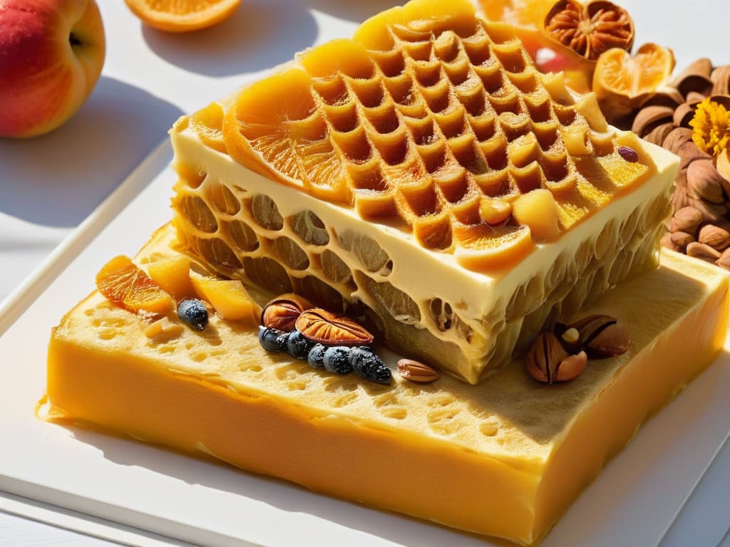  A minimalistic yet striking image of a delicate, intricately designed honeycomb made entirely of colorful, sustainable ingredients like vibrant fruits, nuts, and seeds, symbolizing the harmony between sustainable baking practices and biodiversity preservation. The honeycomb is set against a soft, blurred background to emphasize its detailed beauty and the article's theme of sustainable pastry making. hyperrealistic, full body, detailed clothing, highly detailed, cinematic lighting, stunningly beautiful, intricate, sharp focus, f/1. 8, 85mm, (centered image composition), (professionally color graded), ((bright soft diffused light)), volumetric fog, trending on instagram, trending on tumblr, HDR 4K, 8K