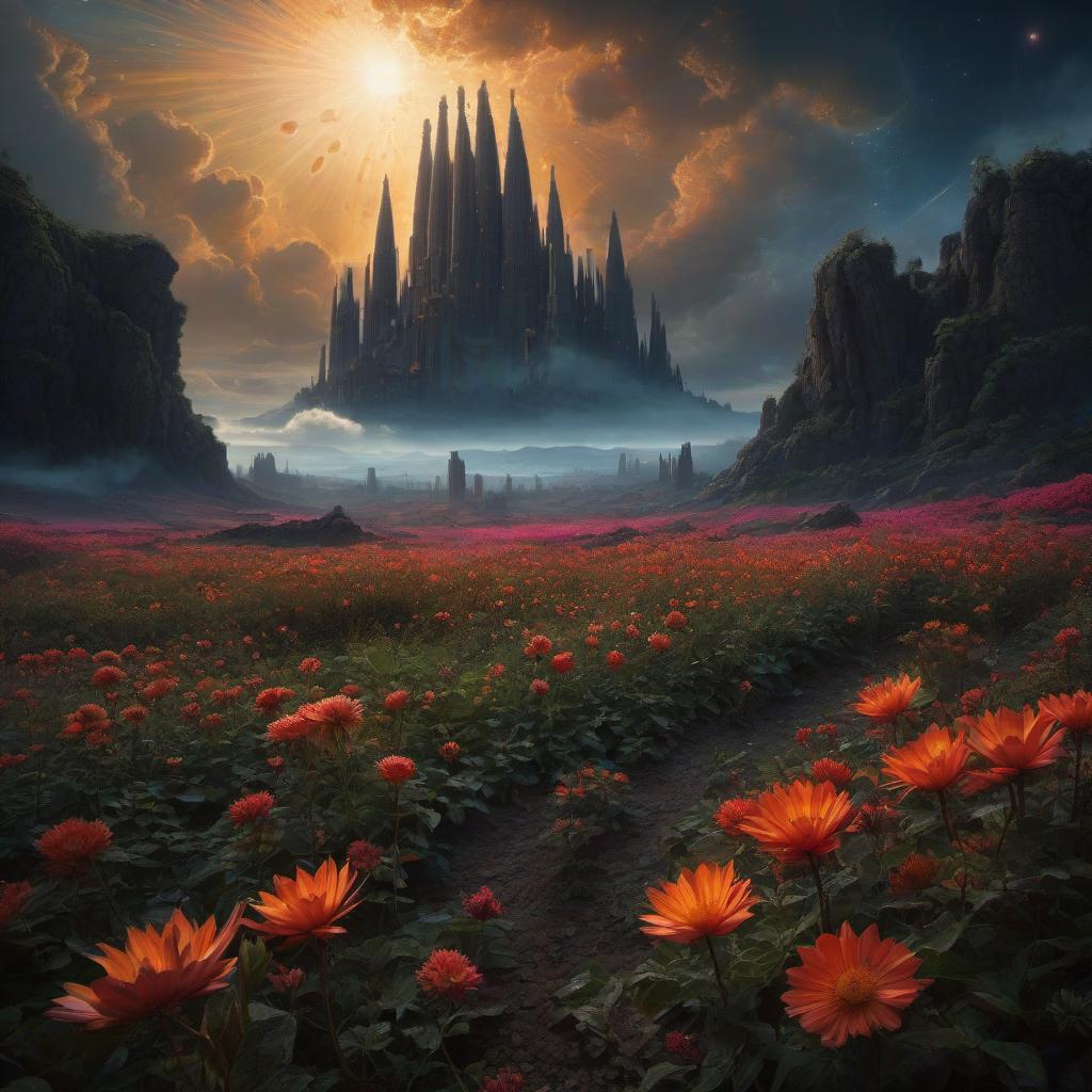  (stylized by Tomasz Alen Kopera:1.3) , dark art, dense flower field and Perseid meteor in background, landscape of a (Barcelona:1.2) , very Bizarre and 1600'S, Hurricane, Glitchcore, Amaro, layered textures, ornate, intricate artistic color, complimentary colors, very inspirational, atmosphere, fine artistic composition, sunny, theatrical hyperrealistic, full body, detailed clothing, highly detailed, cinematic lighting, stunningly beautiful, intricate, sharp focus, f/1. 8, 85mm, (centered image composition), (professionally color graded), ((bright soft diffused light)), volumetric fog, trending on instagram, trending on tumblr, HDR 4K, 8K