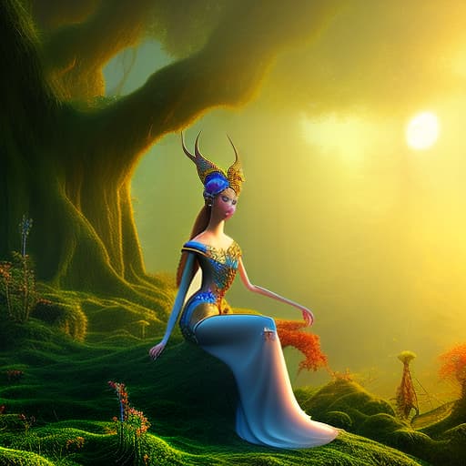 mdjrny-v4 style Beautiful Elfie likes The Ceramic Barbie is wearing the ancient mythical costumes is meditating on the shade of tree at the bioluminescent forest with the translucent plants at the sunset time, Ultra-Realistic View