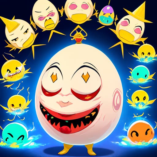  a cartoon character with a crown on his head, humpty dumpty in form of egg, best anime character design, shin megami, shiori teshirogi, psychedelic laughing demon, an epic anime of a energy man