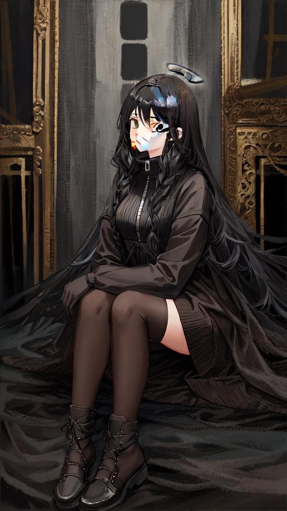 (****), 1girl, black hair, angel of death, innocent, brown eyes, diadem, angel wings, black clothes, full body, arms behind back, sky, halo, post apocalypse,