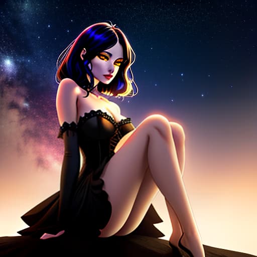  Anime: A Gothic young with distinct yellow eyes, slender body build, narrow legs, and the whole body within the frame . Hair reaches her shoulders. Color is black. Character: Modesty. Taking a position, sitting on her with the entire body facing the viewer. A black kitten is nearby. High detailing, high resolution. Background: A gothic castle. Red moon. Night sky with stars. hyperrealistic, full body, detailed clothing, highly detailed, cinematic lighting, stunningly beautiful, intricate, sharp focus, f/1. 8, 85mm, (centered image composition), (professionally color graded), ((bright soft diffused light)), volumetric fog, trending on instagram, trending on tumblr, HDR 4K, 8K