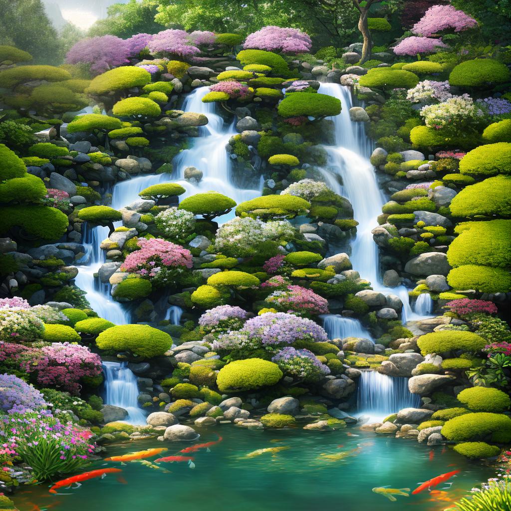  ((masterpiece)),(((best quality))), 8k, high detailed, ultra-detailed. A tranquil garden with blooming flowers, (a serene koi pond) with colorful fish swimming, (a Japanese pagoda) nestled among the trees, (a winding stone path) leading through the garden, (a cascading waterfall) providing a soothing soundtrack, (a bridge) crossing over the pond, soft sunlight filtering through the foliage. hyperrealistic, full body, detailed clothing, highly detailed, cinematic lighting, stunningly beautiful, intricate, sharp focus, f/1. 8, 85mm, (centered image composition), (professionally color graded), ((bright soft diffused light)), volumetric fog, trending on instagram, trending on tumblr, HDR 4K, 8K