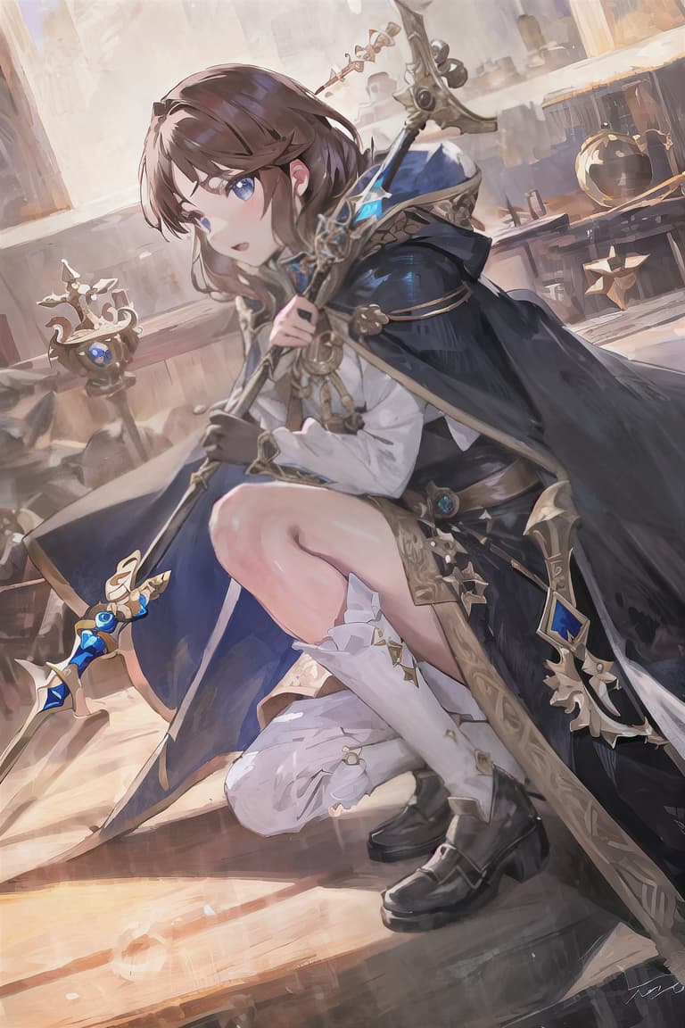  master piece , best quality,Brown hair, prince, blue eyes, holy spear, black cape